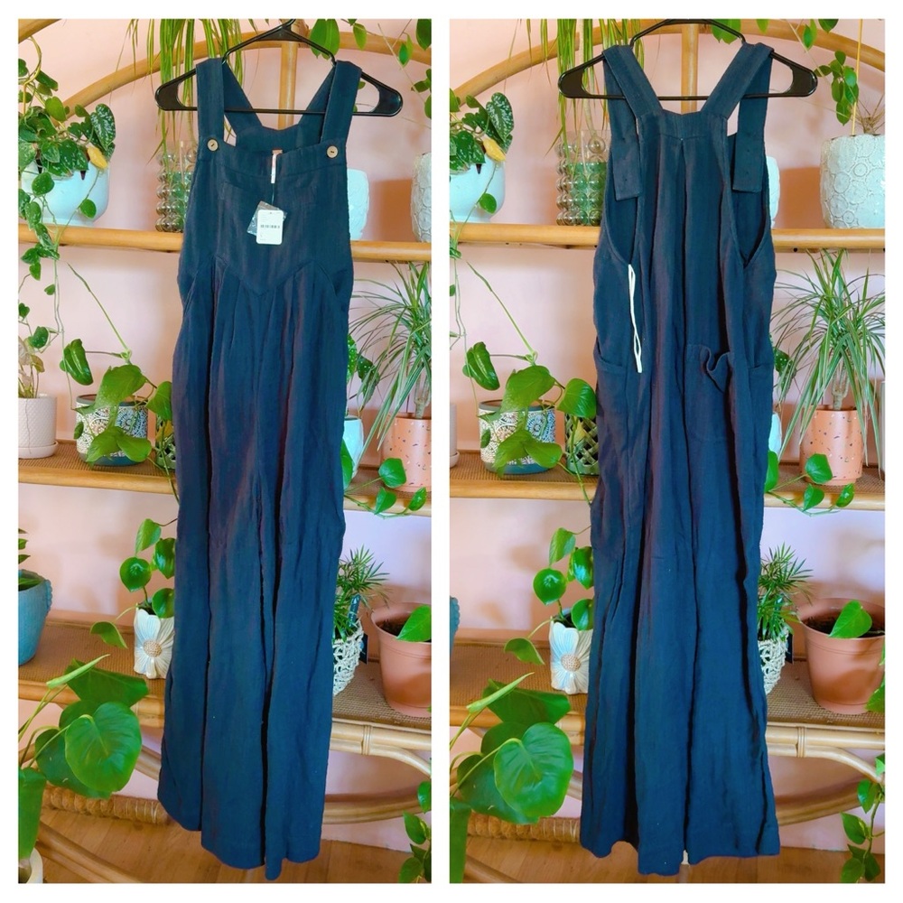 Free People Sun Drenched Overalls Black Sleeveless Jumpsuit Button Details S NWT - Picture 13 of 13